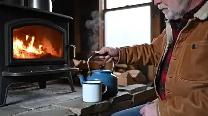 Woodstove kitchen before dawn, a white-haired man pouring from an enamel kettle into a mug on the hearth