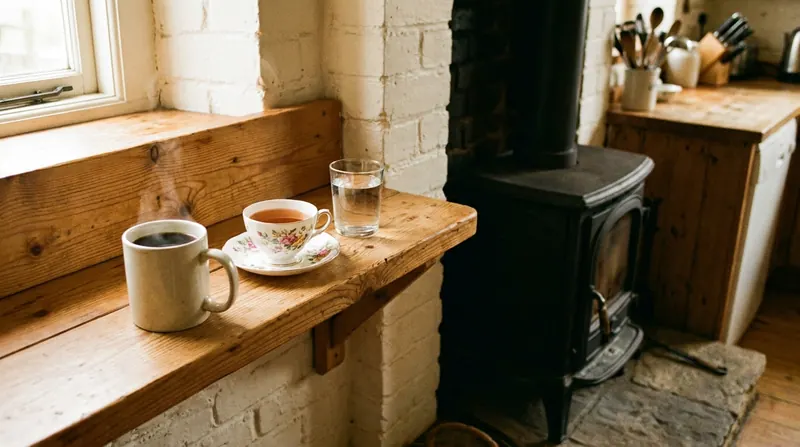 Three morning cups on a pine shelf beside a woodstove: coffee, tea and a tumbler of water