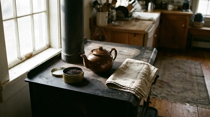 Loose black tea in an open tin beside a brown teapot warming at the back of a woodstove