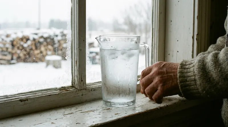 Pitcher of cold water on a farmhouse windowsill with frost on the glass