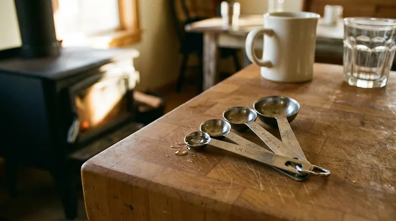 Worn measuring spoons on a ring beside a woodstove, the smallest holding a few drops of water