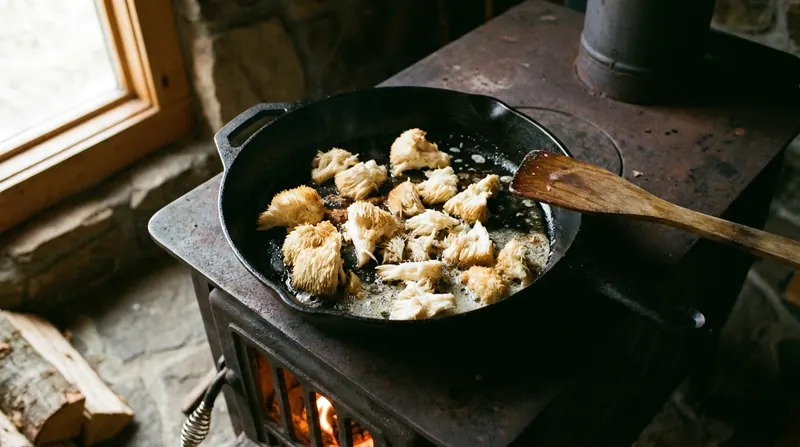 Cast-iron skillet with torn pieces of white lion's mane browning in butter on a woodstove