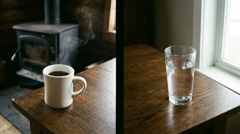 Coffee on the left and plain water on the right, one oak table split down the middle