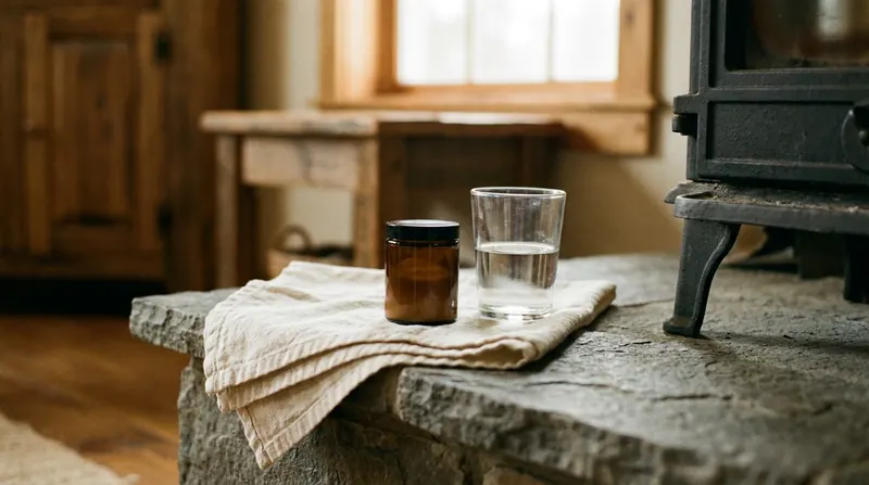 Folded linen towel on a slate hearth ledge, a small amber glass bottle standing upright on it