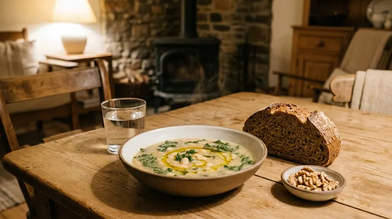 Bean and kale soup with dark bread and walnuts on a farmhouse table near the stove